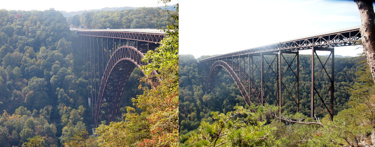 [Two images stitched together. On the left side is a view from nearly the same elevation as the roadway on the bridge. Just over half of the arch is visible. Trees line both sides as well as below the metalwork. On the right side is a view from much lower on the hillside. All of the arch is visible as are multiple support beams on the near side. The day was extremely sunny so the sky in both images is washed out as are parts of some of the top level of trees.]